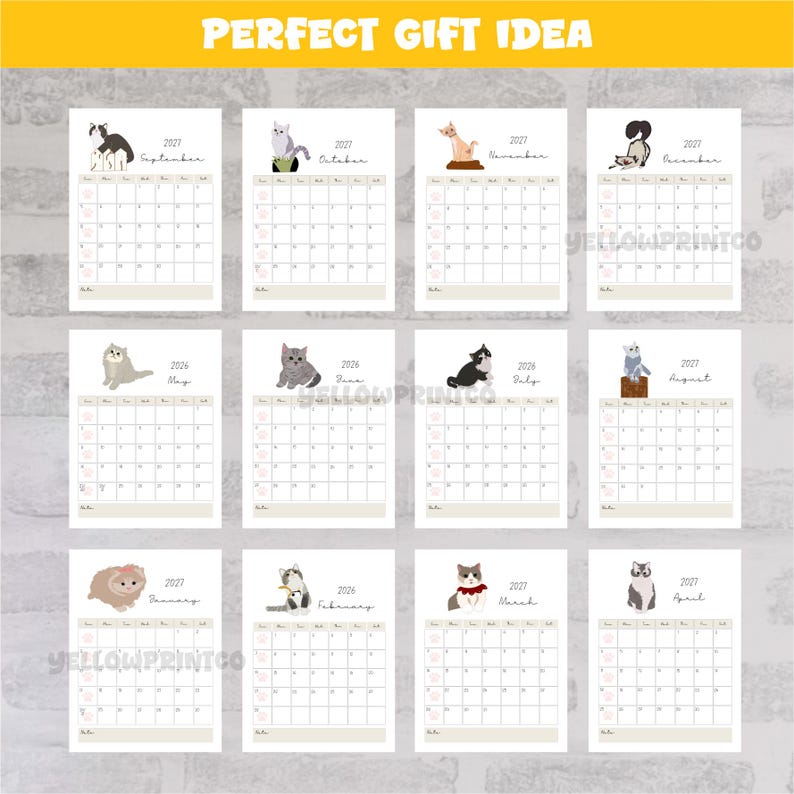 May include: A 2026-2027 wall calendar featuring twelve monthly pages, each displaying a unique cat illustration at the top. The grid layout includes dates, days of the week, and small paw print icons. The text includes months and years.