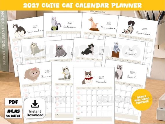 Cute Cat Calendar 2027 | Printable Landscape PDF (A4 & Letter) | Monthly Grid Layout with binder holes space | printable calendar 2027