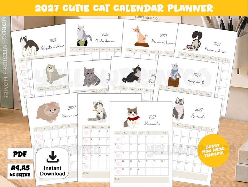 May include: A 2027 Cutie Cat Calendar Planner featuring twelve monthly pages with illustrations of various cats. Each page includes a grid for dates, the month name, and the year 2027. The set includes PDF, A4, A5, and US Letter size options.