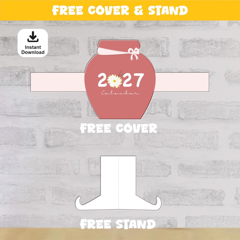 May include: A printable 2027 calendar cover in a dusty rose color with a white daisy graphic replacing the zero, featuring a white ribbon detail and the text 2027 Calendar, accompanied by a separate white paper stand template for assembly.