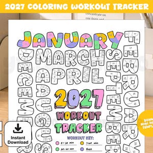 Puede incluir: Una página imprimible de seguimiento de ejercicios para colorear de 2027 con letras grandes para cada mes, secciones numeradas para el seguimiento diario y una clave de entrenamiento codificada por colores. Incluye el texto 2027 WORKOUT TRACKER.