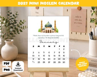 May include: A 2027 mini calendar featuring a watercolor illustration of a mosque with a green dome and minarets. The text reads, "Allah does not burden a person beyond his capacity." Al-Baqarah (2:286) and the month of January with dates.