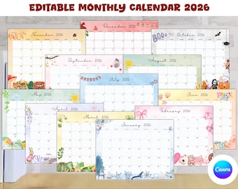 May include: A collection of twelve monthly calendars for 2026, each with a unique decorative border and theme. The calendars are displayed with the months of the year visible, including January, February, and March. The text "EDITABLE MONTHLY CALENDAR 2026" is at the top.