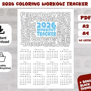 May include: A black and white 2026 colouring workout tracker. The calendar includes the months of the year in a decorative font. The words "2026 Workout Tracker" are in blue. The image also includes the words "Instant Download" and "Reusable (Reprint Anytime)".