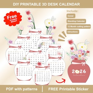3D Blumen Tischkalender 2026: DIY Papercraft + Tagesplaner (PDF PNG Printable) + Ständer Vorlage und Umschlag