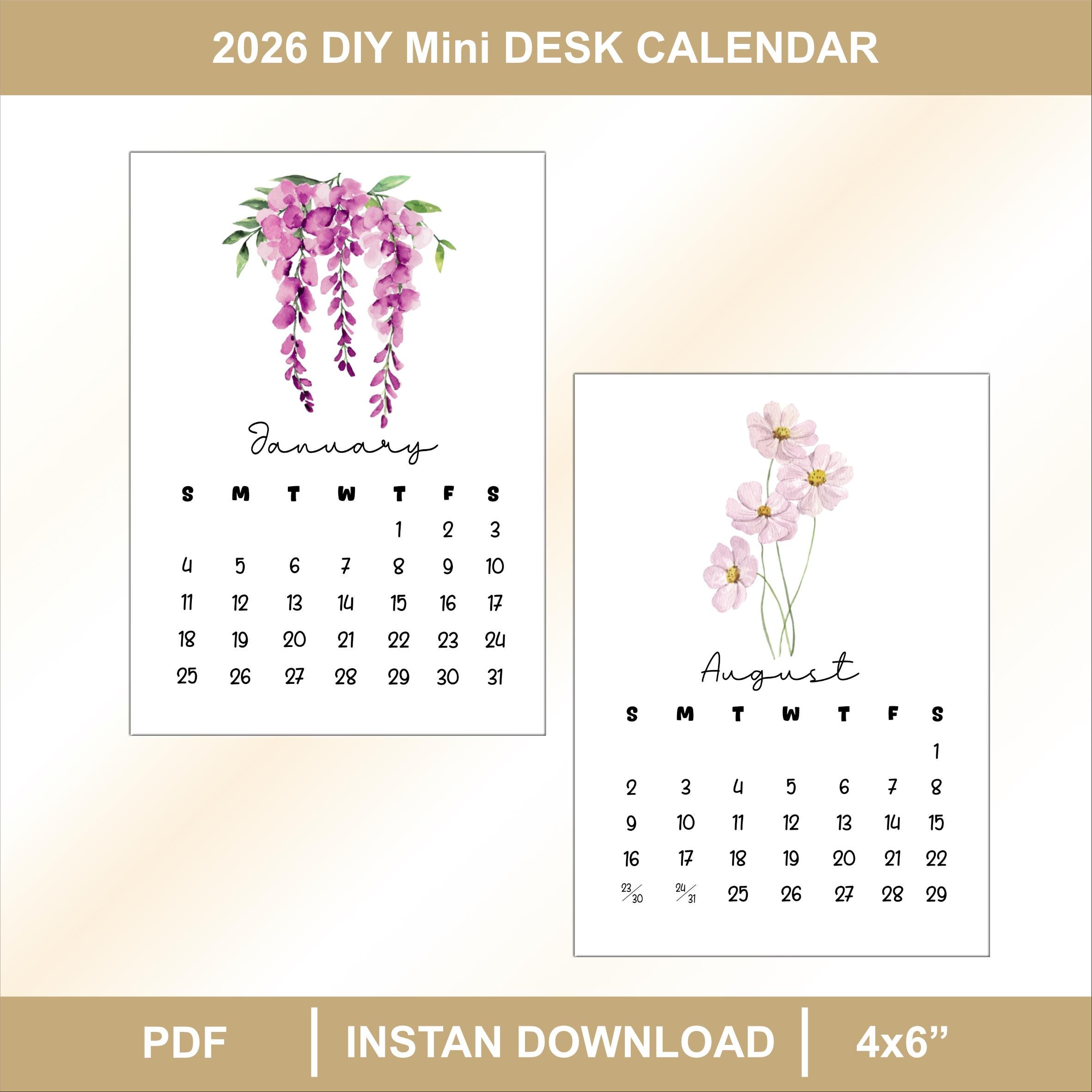 Printable 2026 Calendar, Mini Desk Calendar, Floral Calendar, Monthly ...
