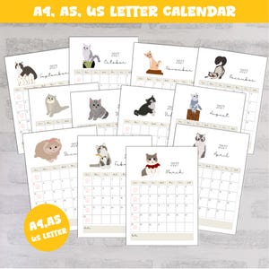 May include: A 2027 wall calendar set featuring twelve individual pages, each displaying a unique cat illustration, the month name, and a grid for dates. The text A4, A5, US LETTER CALENDAR is printed at the top and on a yellow circular badge.