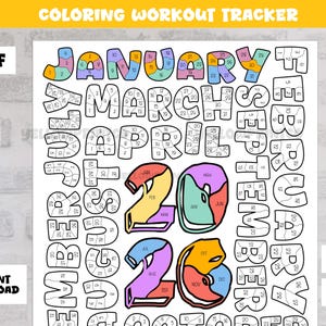 May include: A printable coloring workout tracker with the text "COLORING WORKOUT TRACKER" at the top. The design includes the months of the year and the numbers 1-31 for each day. The years 2020 and 2021 are also featured. PDF and instant download options are available.