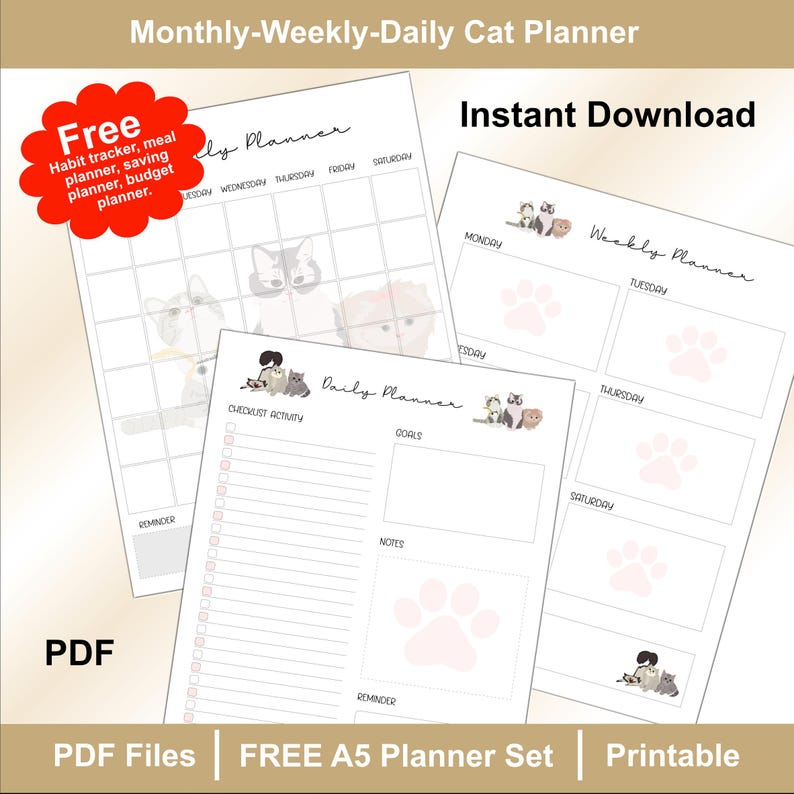 Cute Cat Planner Printable | Daily Weekly Monthly Calendar A5 A4 Letter ...