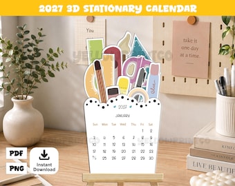 2027 3D Desk Calendar | Printable Stationery Calendar | DIY Paper Craft | Mini Office Decor | PNG PDF | Calendar Gift Idea