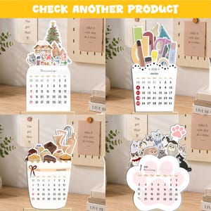 May include: Four distinct desk calendars featuring January 2026 dates. One shows a winter scene, another displays art supplies, a third features baked goods, and the fourth is shaped like a paw print with various cat illustrations at the top.