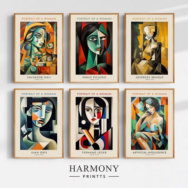 Cubisme, lot de 6 portraits cubistes de femme, Pablo Picasso, Dali, Georges Braque, art mural, peinture originale, imprimable