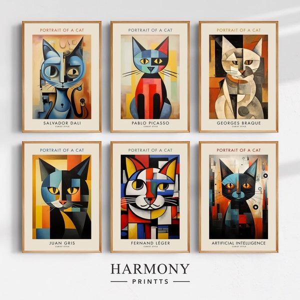 Cubisme, lot de 6 portraits cubistes d'un chat, Pablo Picasso, Dali, Georges Braque, Juan Gris, Fernand Léger et l'intelligence artificielle