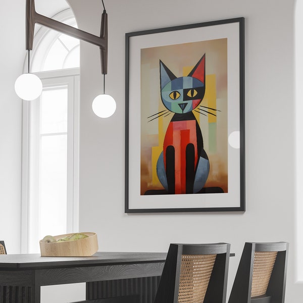 Picasso, portrait of a cat painted in the cubist style of Pablo Picasso