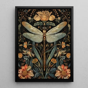 May include: A framed art print featuring a detailed illustration of a dragonfly with intricate wing patterns, set against a backdrop of stylized flowers and foliage in shades of gold, orange, and blue on a black background.
