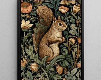 William Morris Squirrel Print | Vintage Woodland Wall Art | Dark Academia Decor | Floral Cottagecore | Forest Animal | Art Print