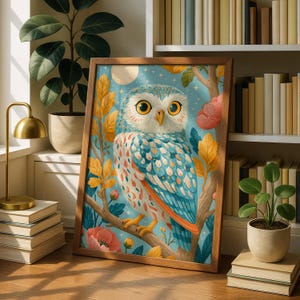 Moonlit Owl's Garden: Whimsical Night Illustration, Golden-Eyed Owl with Botanical Elements, Storybook Art for Children's Decor