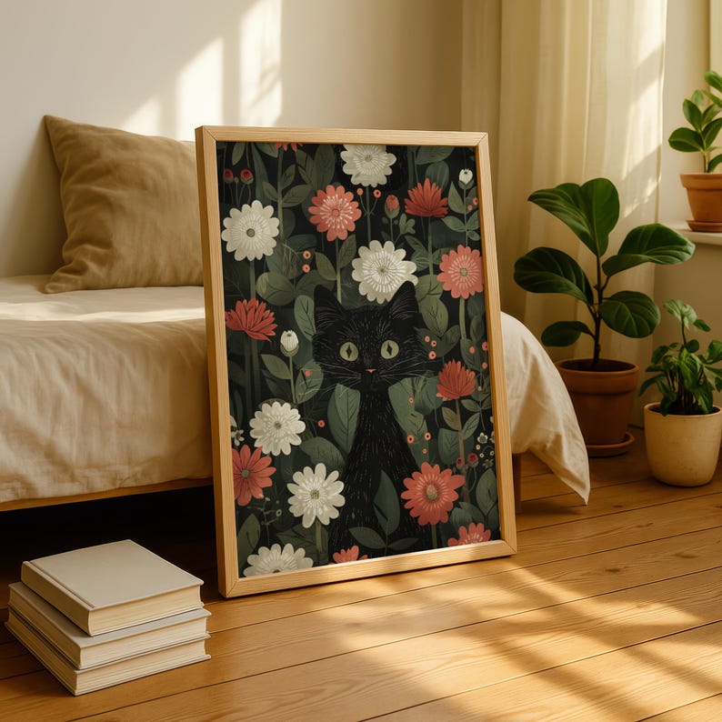 William Morris Black Cat Floral Garden Art | Vintage Botanical Print ...