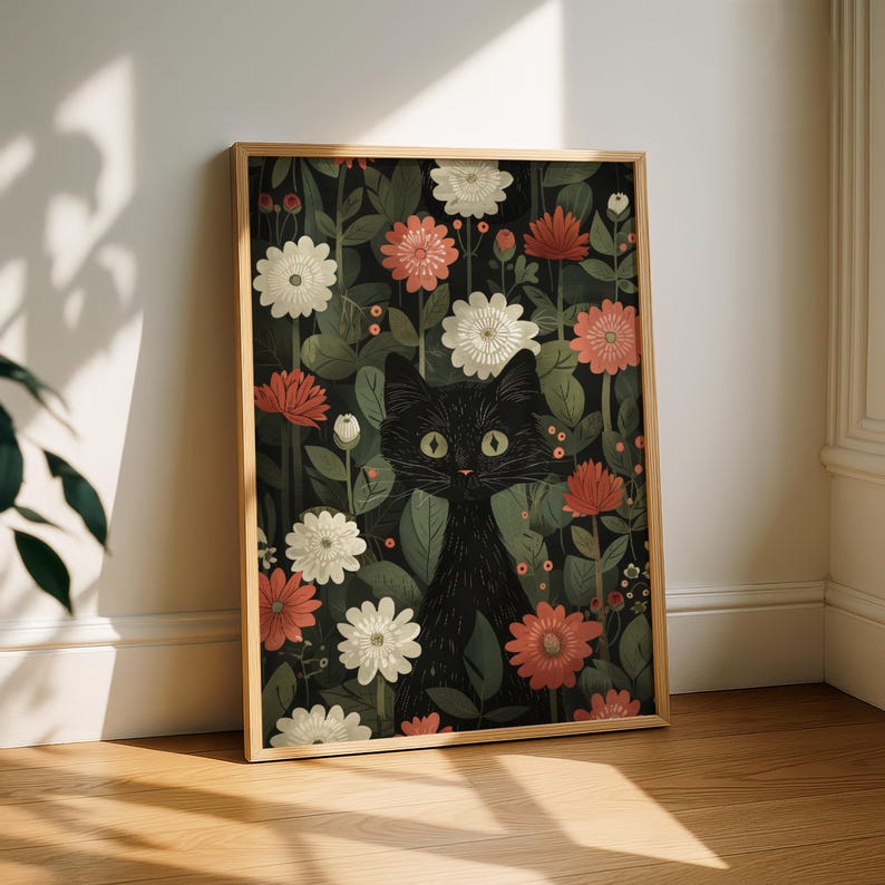 William Morris Black Cat Floral Garden Art | Vintage Botanical Print ...