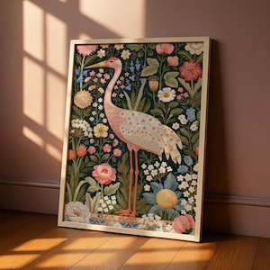 Crane in Bloom: Botanical Illustration with Floral Patterning, Contemporary Whimsical Garden Art, Jewel Tone Nature Artwork