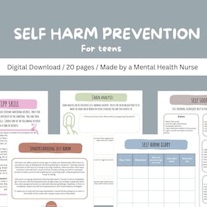 May include: A printable worksheet with a light blue background and pink, light blue, and brown text. The worksheet is titled "Self Harm Prevention for Teens" and includes sections on "Tip Skill", "Chain Analysis", "Understanding Self Harm", "Self Harm Diary", and "Self Soothing".
