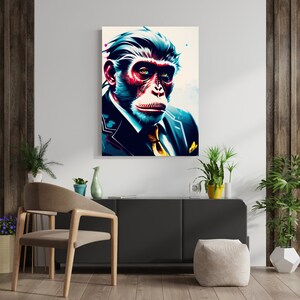 May include: A rectangular wall art print featuring a stylized portrait of a chimpanzee wearing a dark suit with a yellow tie. The artwork uses a color palette of deep blues, vibrant reds, and bright yellow accents against a light background.