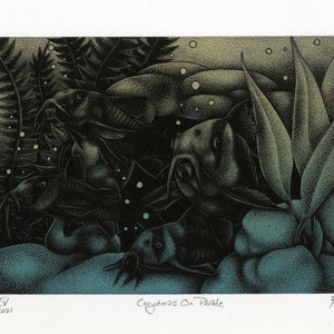 May include: An artistic print titled "Corydoras On Parade" features several fish swimming among aquatic plants. The artwork is primarily in shades of black, teal, and gray, with a stippled texture. The print includes the artist's initials and the year 2021.