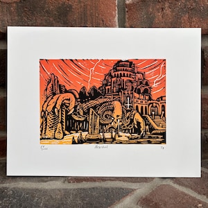 May include: A black and white linocut print depicting a monstrous creature with a horned head and clawed hands, emerging from a city with a red and orange sky. The print is titled "Nekravol" and is numbered "Ex 5/205" and "Y3".