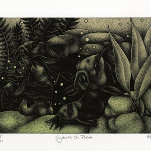 May include: Black and white art print depicting several Corydoras catfish swimming among aquatic plants. The artwork, titled "Corydoras On Parade," features a stippling technique, creating a textured effect. The print is numbered 3/8 and signed by the artist.