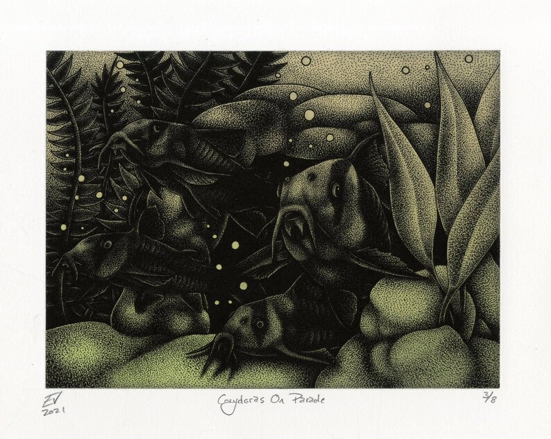 May include: Black and white art print depicting several Corydoras catfish swimming among aquatic plants. The artwork, titled "Corydoras On Parade," features a stippling technique, creating a textured effect. The print is numbered 3/8 and signed by the artist.