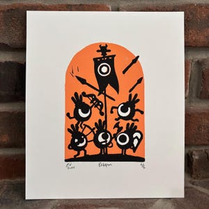 Patapon -Gaming PSP inspired color-reduction linocut prints