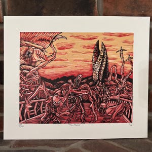 May include: Red and orange print of a science fiction scene featuring alien creatures and a tall, vertical structure. The artwork, titled "The Marker," has a woodcut style with detailed linework and a dramatic, otherworldly atmosphere.