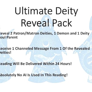 Könnte beinhalten: Werbung für ein "Ultimate Deity Reveal Pack" mit Text und Illustrationen. Der Text enthält "Enthülle 2 Schutz-/Muttergottheiten, 1 Dämon und 1 Gottheit Seeleneltern". Das Bild zeigt drei hellblaue Figuren.