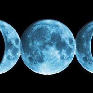May include: Triple moon symbol with a blue crescent moon on each side of a full blue moon.