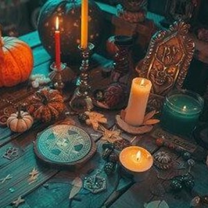 May include: A wooden table with a variety of items, including pumpkins, candles, and a pentagram. The table is decorated with fall leaves and other natural elements.