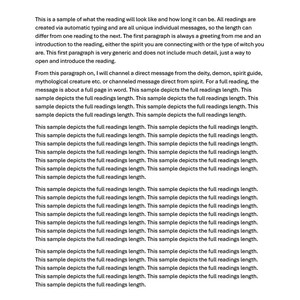 May include: A white document page titled Name of Reading, featuring black text. The content explains the structure of a reading, noting that it includes a greeting, an introduction, and a channeled message from a spirit or deity.