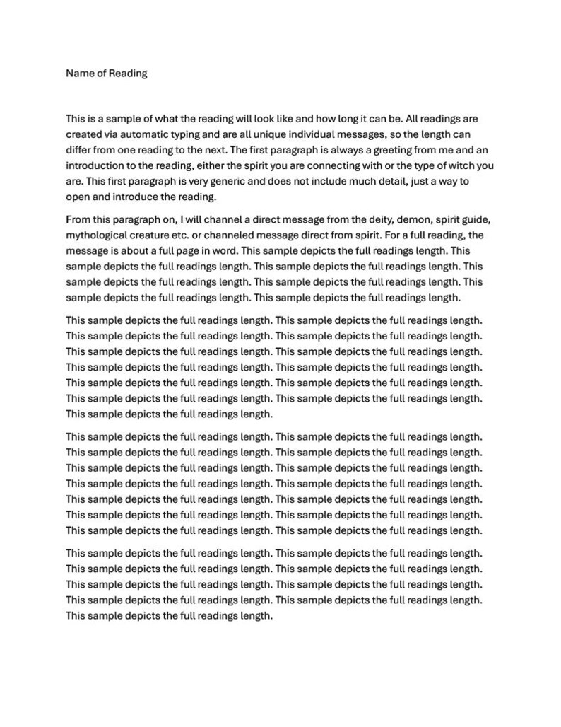 May include: A white document page titled Name of Reading, featuring black text. The content explains the structure of a reading, noting that it includes a greeting, an introduction, and a channeled message from a spirit or deity.