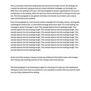 May include: A document titled Name of Reading - Mini Reading. The text explains the structure of a psychic reading, including an introduction, a channeled message from a spirit or deity, and a concluding paragraph with additional information.
