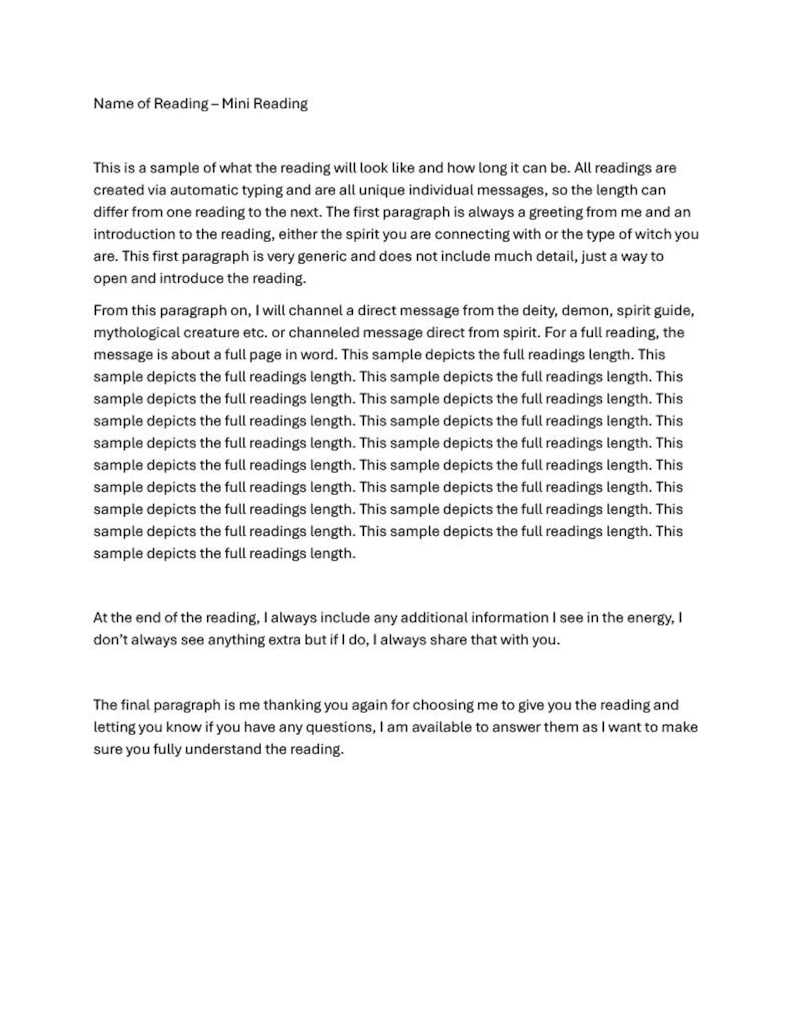 May include: A document titled Name of Reading - Mini Reading. The text explains the structure of a psychic reading, including an introduction, a channeled message from a spirit or deity, and a concluding paragraph with additional information.