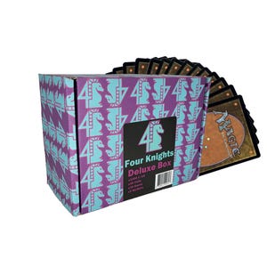 May include: A purple and teal box labeled "Four Knights Deluxe Box" with a knight chess piece design. A fan of Magic: The Gathering cards is behind the box. The box has a black label with the text "Four Knights Deluxe Box".