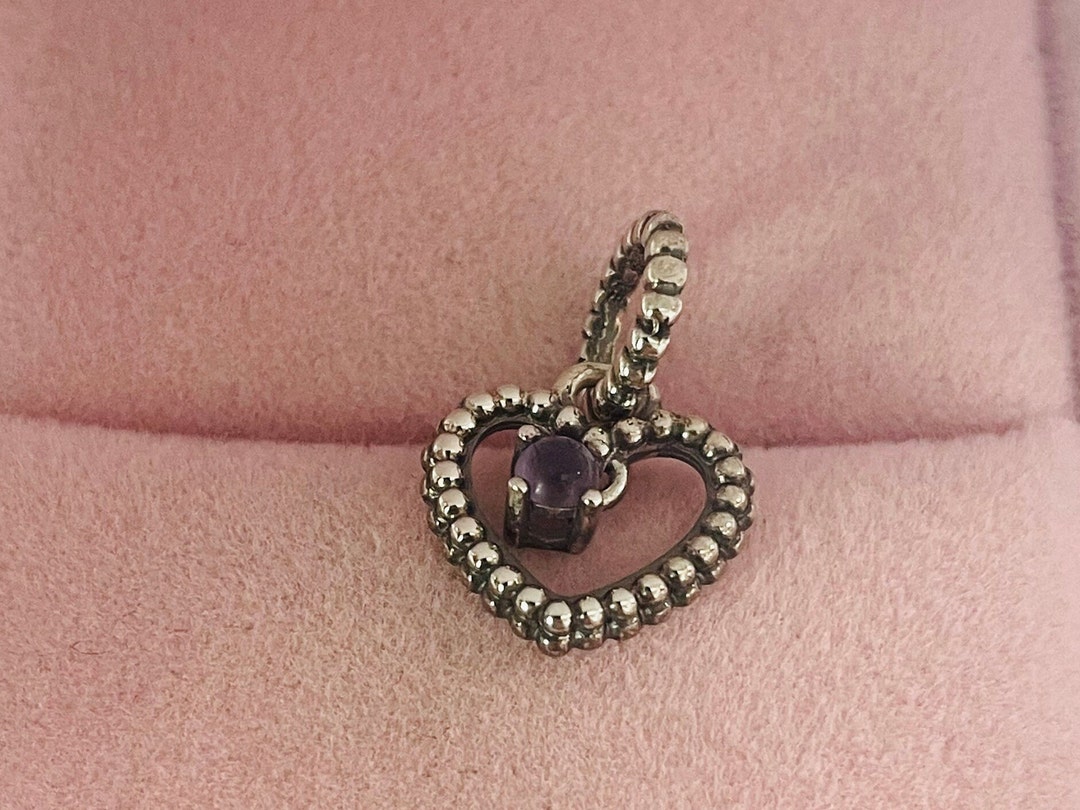 New Authentic Pandora February Purple Beaded Heart Dangle Charm Pendant