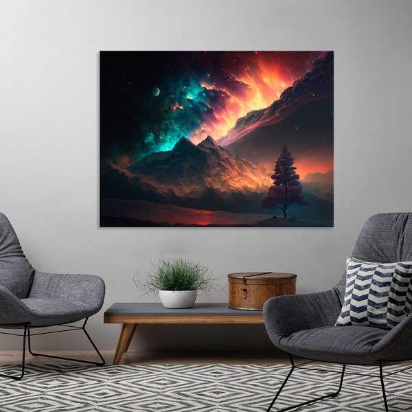 Night Landscape Under Radiant Aurora - Canvas Print / Modern Wall Art / Wall Decor / Artwork