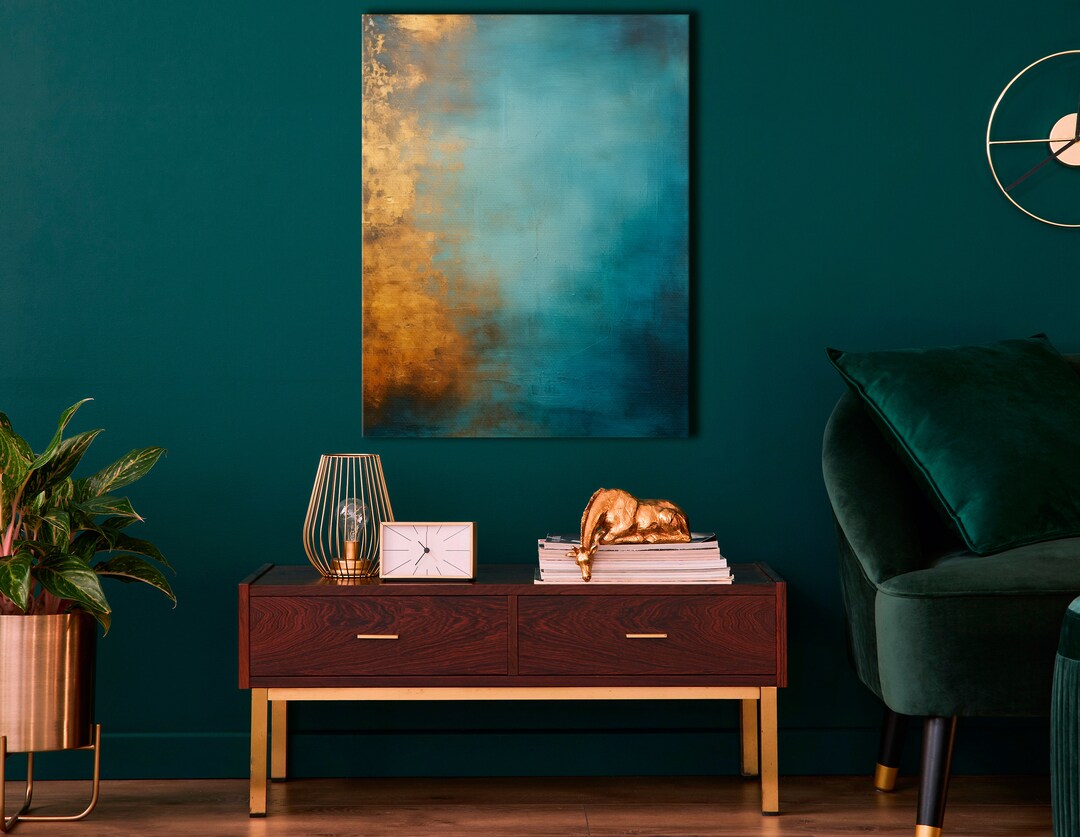 Misty Horizons in Blue & Gold Residential Art, Hospitality Art, Hotel