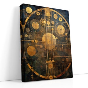 Celestial Orrery Leinwanddruck - Goldene Astronomie-Wandkunst & geometrische Malerei, Steampunk-Dekor, kosmische Kartenkunst, modernes Weltraumgeschenk