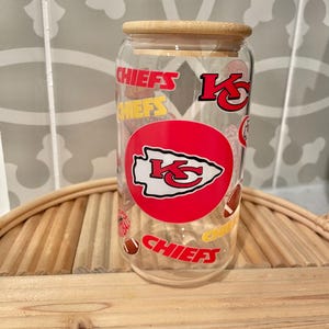 Chiefs Glass, Kansas City Chiefs Football Glass Cup, Iced Coffee Glass Cup with Bamboo Lid and Straw, Chiefs Cup