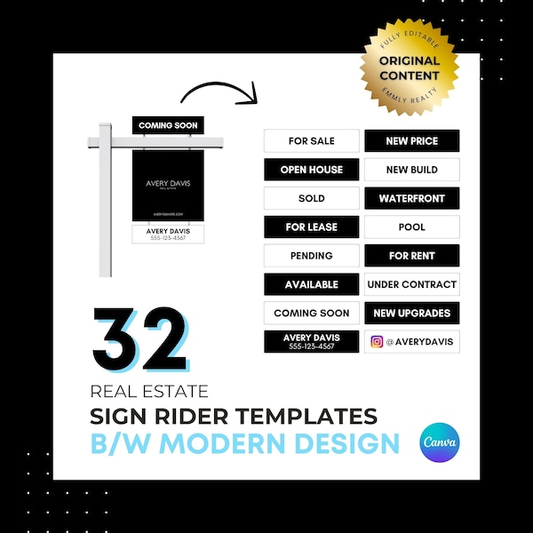 32 Sign Riders, 24x6 Black and White Real Estate Sign Riders, B/W For Sale Sign, Modern Sign Riders, Sign Rider Bundle, Black Sign Rider