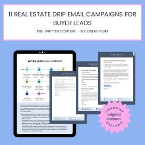 May include: A digital marketing guide for real estate agents. The guide includes 11 email drip campaigns for buyer leads. The guide is pre-written and includes no lorem ipsum text. The guide is fully editable and includes original content from Emmly Realty.