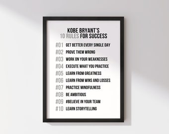 Kobe Bryant's 10 Rules For Success, Basketball Motivational Wall Art Quote Print, Inspirational Black Mamba Mentality Decor, Black and White