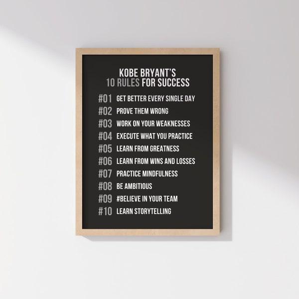 Kobe Bryant's 10 Rules For Success Mindset, Basketball Motivational Print, Inspirational Black Mamba Mentality Decor, NBA Los Angeles Lakers