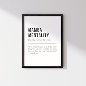 Kobe Bryant Mamba Mentality Definition Posters, NBA Black Mamba Basketball Mindset Printable Wall Art, Minimalist Black and White Desk Decor